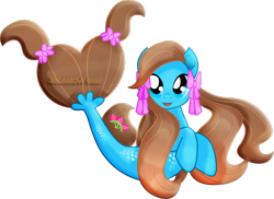 Size: 2873x2088 | Tagged: safe, artist:jucamovi1992, imported from derpibooru, oc, oc only, seapony (g4), blue eyes, brown mane, dorsal fin, female, fish tail, flowing mane, flowing tail, high res, looking at you, open mouth, open smile, ribbon, simple background, smiling, smiling at you, solo, tail, transparent background