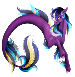 Size: 1600x1643 | Tagged: safe, artist:oneiria-fylakas, imported from derpibooru, oc, oc only, pony, seapony (g4), unicorn, curved horn, dorsal fin, eyelashes, fins, fish tail, flowing mane, flowing tail, horn, multicolored hair, multicolored tail, seaponified, simple background, smiling, solo, species swap, tail, transparent background, unshorn fetlocks, yellow eyes