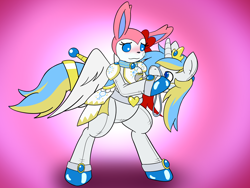 Size: 1500x1125 | Tagged: safe, artist:ryusuta, imported from derpibooru, oc, oc only, oc:princess toytime, oc:trask, alicorn, anthro, sylveon, unguligrade anthro, alicorn oc, blushing, clothes, collar, costume, crossover, eyelashes, female, gradient background, horn, jewelry, latex, latex suit, mask, masking, pokémon, pony costume, ponysuit, smiling, solo, tiara, wings