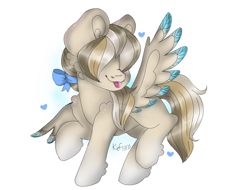 Size: 970x737 | Tagged: safe, artist:kefico, imported from derpibooru, oc, oc only, pegasus, pony, :p, bow, commission, female, hair bow, hair over eyes, looking back, mare, pegasus oc, raised hoof, simple background, solo, tongue out, white background, wings, ych result