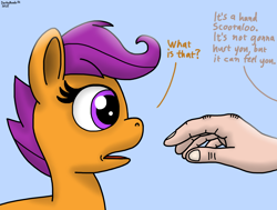 Size: 2310x1747 | Tagged: safe, artist:darkyboode32, imported from derpibooru, scootaloo, human, pegasus, pony, duo, female, filly, hand, imminent petting, offscreen character, offscreen human, open mouth, simple background, surprised, surprised face, talking, text, unfortunate implications