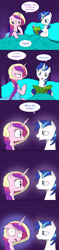Size: 1571x6677 | Tagged: safe, artist:doublewbrothers, edit, princess cadance, shining armor, bed, clothes, comic, confused, cute, female, male, nightgown, open mouth, shining armor is a goddamn moron, shipping, straight, wtf