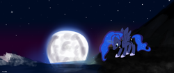 Size: 3516x1480 | Tagged: safe, artist:mark_ml, imported from ponybooru, princess luna, alicorn, pony, background, female, females only, full body, full moon, magic, moon, mountain, night, night sky, ocean, raising the moon, request, scenery, sky, solo, wallpaper, water, wings