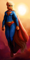 Size: 3000x6000 | Tagged: safe, artist:raphaeldavid, imported from derpibooru, applejack, anthro, unguligrade anthro, app-el, applejacked, cape, clothes, crossover, flying, messy mane, muscles, signature, solo, sun, sunset, superman, supermare