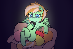 Size: 2800x1900 | Tagged: safe, artist:shinycyan, imported from ponybooru, oc, oc only, oc:sapphie, pegasus, pony, anatomically incorrect, blue eyes, cellphone, chest fluff, couch, eye bag, female, glasses, green coat, incorrect leg anatomy, looking at something, mare, phone, pillow, smartphone, solo, two toned mane, two toned tail, unshorn fetlocks, vibing, wings