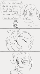 Size: 692x1280 | Tagged: safe, artist:dotkwa, imported from derpibooru, oc, oc only, earth pony, pony, 3 panel comic, comic, deception, dialogue, disgusted, drink, drinking, female, grayscale, hoof hold, mare, monochrome, onomatopoeia, open mouth, scrunch, scrunchy face, solo, sound effects, water bottle