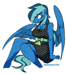 Size: 743x833 | Tagged: safe, artist:redxbacon, imported from derpibooru, oc, oc only, oc:dewfus, anthro, pegasus, breasts, clothes, dress, female, solo