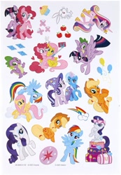 Size: 703x1015 | Tagged: safe, imported from derpibooru, angel bunny, applejack, fluttershy, pinkie pie, princess cadance, rainbow dash, rarity, spike, starlight glimmer, trixie, twilight sparkle, alicorn, dragon, earth pony, pegasus, pony, rabbit, unicorn, animal, bipedal, cellphone, cloud, crayola, cupcake, cutie mark, eyeshadow, female, flying, food, hasbro, heart, luggage, makeup, male, mane seven, mane six, mare, official, open mouth, phone, photobomb, raised hoof, rearing, scan, selfie stick, simple background, sitting, smartphone, spike riding twilight, starlight wearing trixie's hat, sticker, sunglasses, twilight sparkle (alicorn), white background