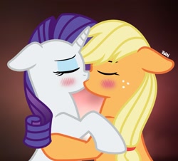 Size: 2085x1887 | Tagged: safe, artist:banquo0, imported from derpibooru, applejack, rarity, earth pony, pony, unicorn, blushing, bust, duo, eyes closed, female, floppy ears, kiss on the lips, kissing, lesbian, mare, rarijack, shipping