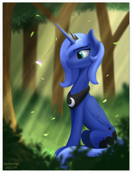 Size: 1688x2224 | Tagged: safe, artist:dash wang, imported from derpibooru, princess luna, alicorn, butterfly, pony, crepuscular rays, forest, horn, leaves, s1 luna, sitting, solo, tree, wings
