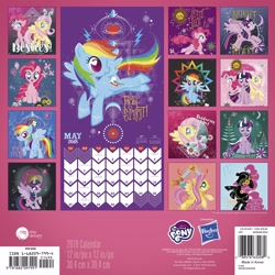 Size: 2560x2560 | Tagged: safe, artist:day dream, imported from derpibooru, fluttershy, pinkie pie, rainbow dash, twilight sparkle, alicorn, butterfly, earth pony, pegasus, pony, 2018, 2018 my little pony wall calendar (day dream), background pony applejack, background pony rarity, barcode, calendar, feather, female, hasbro logo, heart eyes, high res, isbn, loyalty, made in korea, mare, moon, my little pony logo, official, stock vector, sun, twilight sparkle (alicorn), wingding eyes