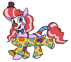 Size: 702x613 | Tagged: safe, artist:jargon scott, imported from derpibooru, oc, oc only, oc:clown pony, earth pony, pony, clothes, clown, clown makeup, dog pants, female, hat, looking at you, mare, pants, simple background, solo, suspenders, tiny hat, top hat, white background