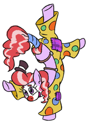 Size: 490x678 | Tagged: safe, artist:jargon scott, imported from derpibooru, oc, oc only, oc:clown pony, earth pony, pony, clothes, clown, clown makeup, dog pants, female, handstand, hat, mare, pants, simple background, solo, suspenders, tiny hat, top hat, upside down, white background