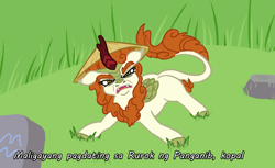 Size: 1004x615 | Tagged: safe, alternate version, artist:jargon scott, imported from derpibooru, autumn blaze, kirin, fangs, female, filipino, filthy frank, hat, looking at you, meme, solo, subtitles, vulgar, welcome to the rice fields