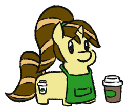 Size: 303x263 | Tagged: safe, artist:jargon scott, imported from derpibooru, oc, oc only, oc:java chip, pony, unicorn, apron, clothes, coffee cup, cup, female, mare, simple background, solo, squatpony, white background