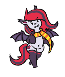 Size: 297x356 | Tagged: safe, artist:jargon scott, imported from derpibooru, oc, oc only, oc:arrhythmia, bat pony, pony, belly button, bipedal, clothes, female, mare, scarf, simple background, socks, solo, spread wings, squatpony, white background, wings