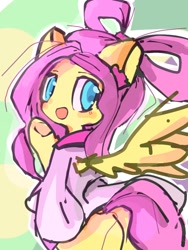 Size: 768x1024 | Tagged: safe, artist:pnpn_721, imported from derpibooru, fluttershy, pegasus, pony, bow, clothes, colored pupils, female, looking at you, looking back, looking back at you, mare, open mouth, raised hoof, solo