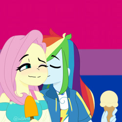 Size: 1280x1280 | Tagged: safe, artist:insamity720, imported from derpibooru, fluttershy, rainbow dash, equestria girls, bisexual pride flag, blushing, cheek kiss, eyes closed, female, flutterdash, food, ice cream, ice cream cone, kiss on the cheek, kissing, lesbian, one eye closed, popsicle, pride, pride flag, shipping, solo