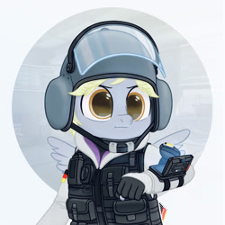 Size: 2000x2000 | Tagged: safe, artist:fchelon, imported from derpibooru, derpy hooves, anthro, pegasus, armor, clothes, cosplay, costume, crossover, epic derpy, female, fingerless gloves, gloves, helmet, high res, hoodie, iq, mask, rainbow six, rainbow six siege, solo