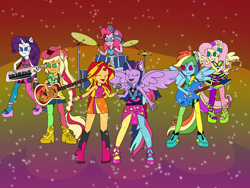 Size: 2048x1536 | Tagged: safe, artist:mintymelody, imported from derpibooru, applejack, fluttershy, pinkie pie, rainbow dash, rarity, sci-twi, sunset shimmer, twilight sparkle, equestria girls, rainbow rocks, drums, guitar, horn, humane five, humane seven, humane six, keytar, microphone, musical instrument, ponied up, redraw, tambourine, the rainbooms, welcome to the show