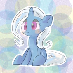 Size: 768x768 | Tagged: safe, artist:pnpn_721, imported from derpibooru, trixie, pony, unicorn, abstract background, female, lidded eyes, mare, missing accessory, sitting, solo