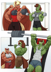 Size: 1439x2048 | Tagged: safe, artist:ponyanony, imported from derpibooru, oc, oc only, oc:emerald spark, oc:flex, anthro, earth pony, pegasus, abs, anthro oc, armpits, back muscles, barbell, bodybuilder, clothes, comic, commission, deltoids, dumbbell (object), duo, earth pony oc, exercise, gym, male, male nipples, muscles, muscular male, nipples, no dialogue, nudity, partial nudity, pecs, pegasus oc, stallion, sweat, thighs, thunder thighs, topless, weights, wings