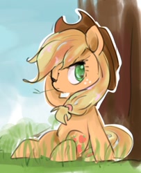 Size: 624x768 | Tagged: safe, artist:pnpn_721, imported from derpibooru, applejack, earth pony, pony, colored pupils, female, hay stalk, mare, one eye closed, sitting, solo, straw in mouth