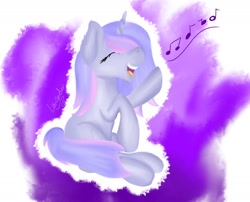 Size: 1832x1482 | Tagged: safe, artist:lav-cavalerie, imported from derpibooru, oc, oc only, oc:silver swirl, pony, unicorn, eyes closed, female, horn, mare, music notes, open mouth, singing, sitting, solo, unicorn oc