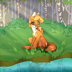 Size: 720x720 | Tagged: safe, imported from derpibooru, oc, oc only, pony, colored pinnae, forest, forest tale, looking at you, pale belly, reflection, sitting, solo, tree, ukraine, water