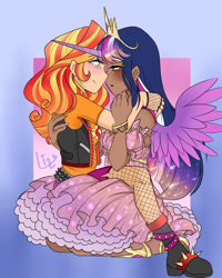 Size: 640x800 | Tagged: safe, artist:liza-lee, imported from derpibooru, sunset shimmer, twilight sparkle, human, clothes, crown, dark skin, dress, duo, female, horn, humanized, jewelry, lesbian, regalia, shipping, sunsetsparkle, wings