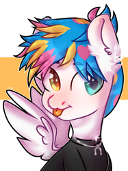 Size: 2873x3840 | Tagged: safe, artist:morttdecai3, imported from derpibooru, pegasus, pony, :p, awsten knight, bust, chest fluff, clothes, commission, dyed mane, ear fluff, eye clipping through hair, heterochromia, high res, horseshoes, jewelry, male, necklace, ponified, shirt, solo, spread wings, stallion, t-shirt, tongue out, waterparks, wings, ych result