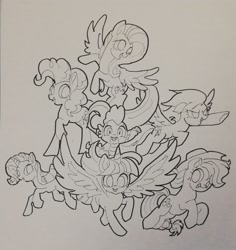 Size: 1934x2048 | Tagged: safe, artist:pnpn_721, imported from derpibooru, applejack, fluttershy, pinkie pie, rainbow dash, rarity, spike, twilight sparkle, alicorn, dragon, earth pony, pegasus, pony, unicorn, black and white, female, grayscale, ink drawing, lineart, male, mane seven, mane six, mare, monochrome, solo, traditional art, twilight sparkle (alicorn)