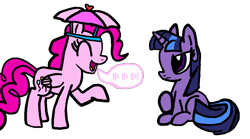 Size: 1215x676 | Tagged: safe, artist:pagiepoppie12345, imported from derpibooru, pinkie pie, twilight twinkle, pegasus, pony, unicorn, feeling pinkie keen, 2009, duo, duo female, female, hat, laughing, mare, pegasus pinkie pie, race swap, show bible, simple background, smiling, speech bubble, transparent background, umbrella, umbrella hat, unamused