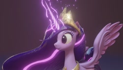 Size: 1376x789 | Tagged: safe, imported from derpibooru, twilight sparkle, alicorn, pony, the last problem, 3d, crown, female, jewelry, magic, magic aura, mare, older, older twilight, princess twilight 2.0, regalia, render, twilight sparkle (alicorn), wavy hair, wings