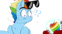 Size: 2050x1152 | Tagged: safe, imported from derpibooru, rainbow dash, zapp, pegasus, pony, apple, exclamation point, food, head turn, interrobang, older, older rainbow dash, power ponies, question mark, rainbow dash always dresses in style, sunglasses, sunglasses on head, sweat, sweatdrops, turned head, zap apple