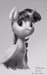 Size: 2426x3840 | Tagged: safe, artist:robinrain8, imported from derpibooru, twilight sparkle, alicorn, pony, blue background, cute, female, grayscale, high res, mare, monochrome, simple background, smiling, solo, style emulation, twiabetes, twilight sparkle (alicorn)