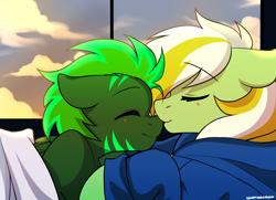 Size: 3128x2260 | Tagged: safe, artist:cottonsweets, imported from derpibooru, oc, oc only, oc:daylight, oc:gumdrops, earth pony, pegasus, pony, clothes, high res, hoodie, snuggling