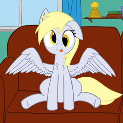 Size: 4000x4000 | Tagged: safe, artist:d3f4ult_4rt1st, imported from derpibooru, derpy hooves, pegasus, pony, book, chest fluff, couch, curtains, cute, derpabetes, female, floppy ears, one ear down, prize, sitting, solo, spread wings, tongue out, window, wings