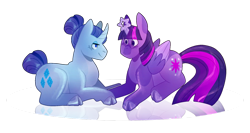 Size: 1280x679 | Tagged: safe, artist:lockandkeyhyena, imported from derpibooru, rarity, twilight sparkle, alicorn, pony, unicorn, blushing, cloven hooves, curved horn, female, hair bun, horn, lesbian, lying down, prone, rarilight, shipping, simple background, tail bun, transparent background, twilight sparkle (alicorn)