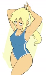 Size: 1499x2401 | Tagged: safe, artist:llama_draws, imported from derpibooru, applejack, equestria girls, alternate hairstyle, arm behind head, armpits, clothes, high angle, lidded eyes, looking at you, one-piece swimsuit, ponytail, solo, swimsuit, wide hips