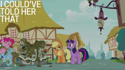 Size: 1280x720 | Tagged: safe, edit, edited screencap, editor:quoterific, imported from derpibooru, screencap, applejack, pinkie pie, rainbow dash, twilight sparkle, alicorn, earth pony, pegasus, pony, season 7, secrets and pies, applejack's hat, cowboy hat, eyes closed, female, hat, hug, mare, offscreen character, open mouth, spread wings, twilight sparkle (alicorn), wings