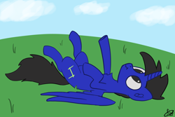 Size: 6000x4000 | Tagged: safe, artist:d3f4ult_4rt1st, imported from derpibooru, oc, oc only, oc:cd, alicorn, pony, absurd resolution, alicorn oc, chest fluff, cloud, confused, day, ear fluff, grass, horn, lying down, male, on back, outdoors, outstretched hoof, raised hoof, signature, sky, solo, wings