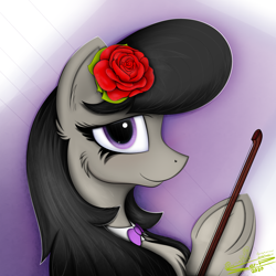 Size: 4000x4000 | Tagged: safe, artist:ser-p, imported from derpibooru, octavia melody, pony, absurd resolution, bow (instrument), bust, cello bow, flower, flower in hair, portrait, solo