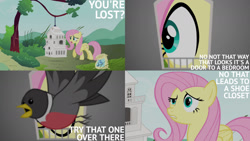 Size: 1280x720 | Tagged: safe, edit, edited screencap, editor:quoterific, imported from derpibooru, screencap, fluttershy, bird, pegasus, pony, inspiration manifestation, season 4, bird house, confused, female, mare, open mouth, tree