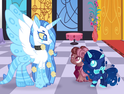 Size: 1280x967 | Tagged: safe, artist:lilywolfpie, artist:lilywolfpie-yt, imported from derpibooru, oc, oc only, oc:amber night, oc:dream, oc:sweet blossom, alicorn, hybrid, pony, female, filly, interspecies offspring, magical lesbian spawn, offspring, parent:discord, parent:princess luna, parent:scootaloo, parent:sweetie belle, parents:lunacord, parents:scootabelle