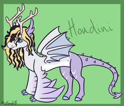 Size: 1750x1500 | Tagged: safe, artist:misskanabelle, imported from derpibooru, oc, oc only, oc:houdini, draconequus, abstract background, adopted offspring, antlers, draconequus oc, magical lesbian spawn, male, offspring, parent:sunset shimmer, parent:trixie, parents:suntrix, signature, solo, wings