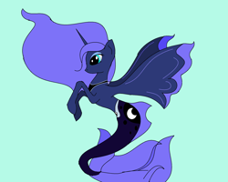 Size: 1856x1486 | Tagged: safe, artist:nutmeg04, imported from derpibooru, princess luna, alicorn, merpony, pony, seapony (g4), blue background, blue eyes, blue mane, colored pupils, female, fin wings, fish tail, flowing mane, flowing tail, horn, seaponified, seapony luna, simple background, solo, species swap, tail, wings