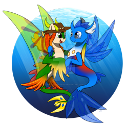 Size: 1600x1582 | Tagged: safe, artist:nightmareadagio, imported from derpibooru, oc, oc only, changedling, changeling, seapony (g4), blue eyes, clothes, crepuscular rays, deviantart watermark, dorsal fin, fin wings, fish tail, flowing mane, flowing tail, glasses, green eyes, hat, horns, obtrusive watermark, ocean, open mouth, open smile, orange mane, seaponified, see-through, smiling, species swap, sunlight, tail, underwater, water, watermark, wings