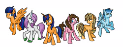 Size: 3000x1150 | Tagged: safe, artist:abi-pony, imported from derpibooru, oc, oc only, oc:apple buck, oc:bella di le, oc:mega mind, oc:party candy, oc:rain lightning, oc:violet meteorite, dracony, dragon, earth pony, hybrid, pegasus, pony, unicorn, female, interspecies offspring, male, mare, next generation, offspring, parent:applejack, parent:caramel, parent:cheese sandwich, parent:flash sentry, parent:pinkie pie, parent:rainbow dash, parent:rarity, parent:soarin', parent:spike, parent:twilight sparkle, parents:carajack, parents:cheesepie, parents:flashlight, parents:soarindash, parents:sparity, simple background, stallion, white background