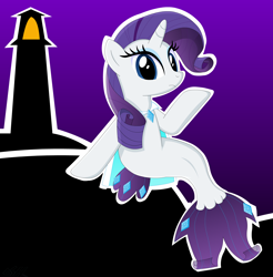 Size: 1960x1995 | Tagged: safe, artist:oshitsukiryuu, imported from derpibooru, rarity, pony, seapony (g4), unicorn, blue eyes, blue mane, cape, clothes, colored pupils, dorsal fin, eyelashes, female, fish tail, flowing tail, horn, lighthouse, night, purple background, seaponified, seapony rarity, simple background, sitting, solo, species swap, tail
